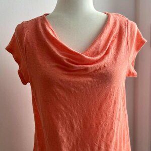 H Halston Coral Pure Linen Cowl-Neck Short-Sleeve Tee with Soft Drape – US M